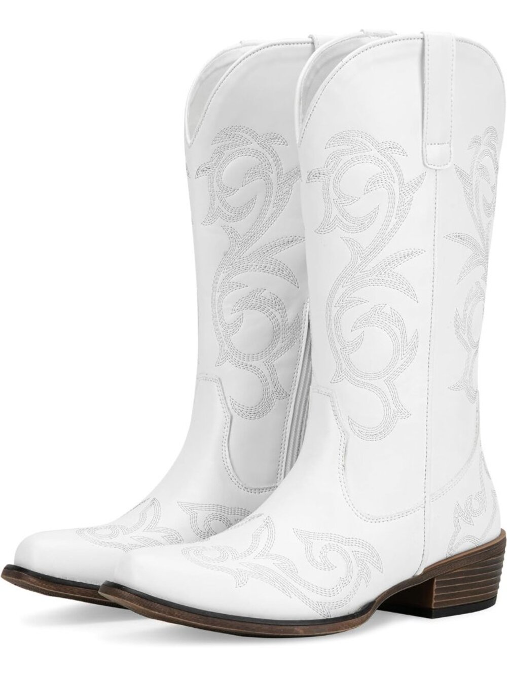 Women's White Western Cowboy Boots Mid Calf Embroidered Low Chunky Heel
